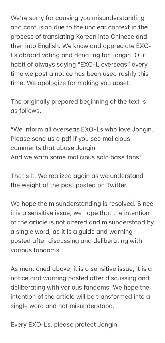 KaiS2com's tweet photo. We’re sorry for causing you misunderstanding and confusion due to the unclear context in the process of translating Korean into Chinese and then into English. 

We know and appreciate EXO-Ls abroad voting and donating for Jongin. 

Every EXO-Ls, please protect Jongin. https://t.co/qO54LW0eCG