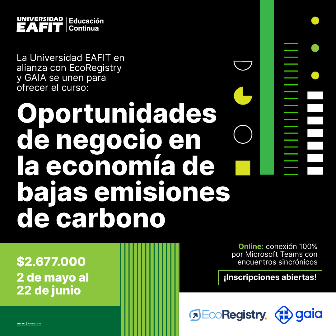 EcoRegistry's tweet photo. ❗️|Pronto se cerrarán las inscripciones al #curso sobre #oportunidades de negocio en la #economía de bajas emisiones de #carbono, que en conjunto con @GaiaAmbiente y @eafit estaremos ofreciendo.

Los invitamos a inscribirse en el siguiente link:  https://t.co/eqHUNOzc5X https://t.co/hXKmupjkGQ