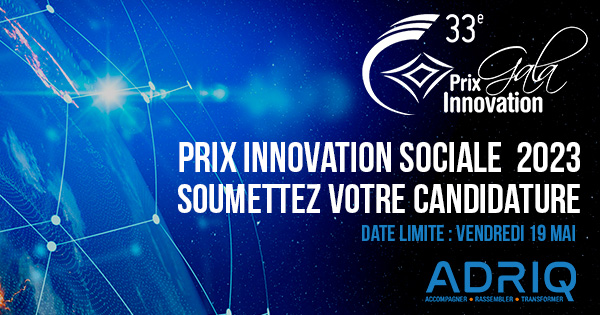 Vous souhaiter faire rayonner votre projet d'innovation sociale? Poser votre candidature au Prix #innovationsociale de l'<a href="/ADRIQ_RCTi/">ADRIQ</a> avant le 19 mai!  
Le RQIS est fier de pouvoir remettre ce prix avec le @TIESSOLTet le <a href="/ChantierES/">Chantier de l'ÉS</a>. 
Inscription : adriq.com/gala-des-prix-…