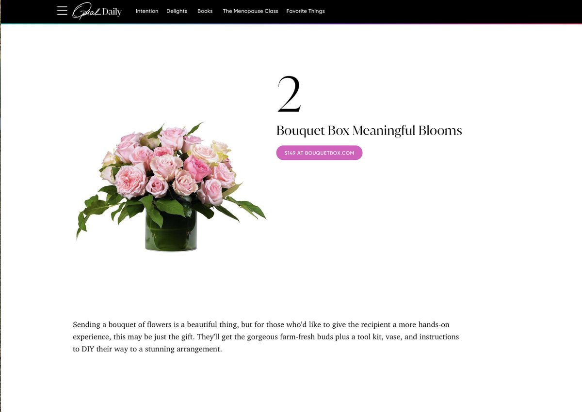 Hope you're having a great day here in Twitterland! I just found out that my second baby, Bouquet Box made it onto Oprah's Favorite Things for Mother's Day! This is a huge milestone for our company which is only two years old. 7 days left to order. bouquetbox.com