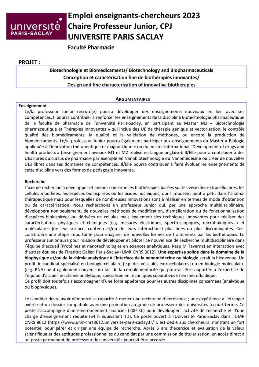 umr8612's tweet photo. 📢 @umr8612 recrute sur une chaire de professeur junior (#CPJ) en sections CNU 85 et 87 
💊 Thématiques: biothérapies, vésicules extracellulaires, cellules modifiées, acides nucléiques...
👩‍🔬Equipe: @MyriamTaverna 

👉 Pour candidater: https://t.co/KE0tJNtTwv (⚠️12/06/23) https://t.co/MiY6xS46Af