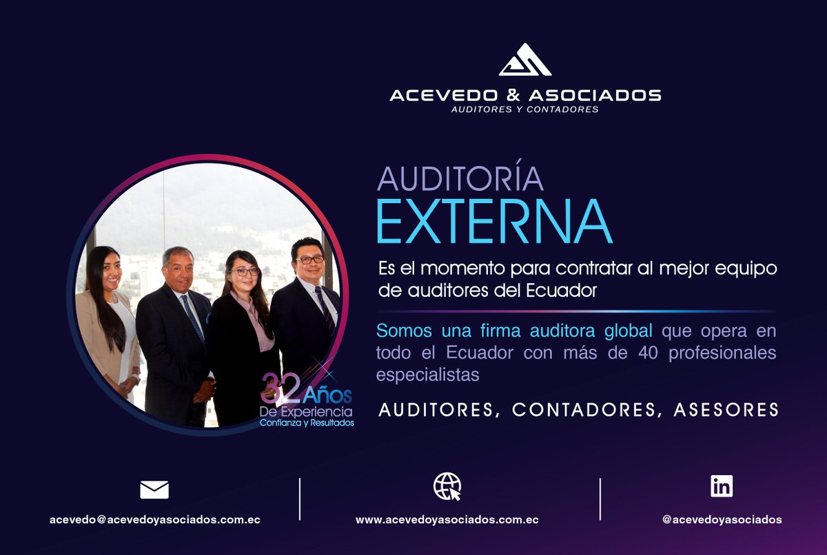 aya__group's tweet photo. El artículo 321 de la ley de compañías del Ecuador menciona que la contratación de auditores externos debe efectuarse hasta el 30 de septiembre de cada año. ¡No pierdas más tiempo! Contrata a los mejores.
@aya__group 
Visítanos: https://t.co/b313KsmtxK https://t.co/zkzmwASLSm