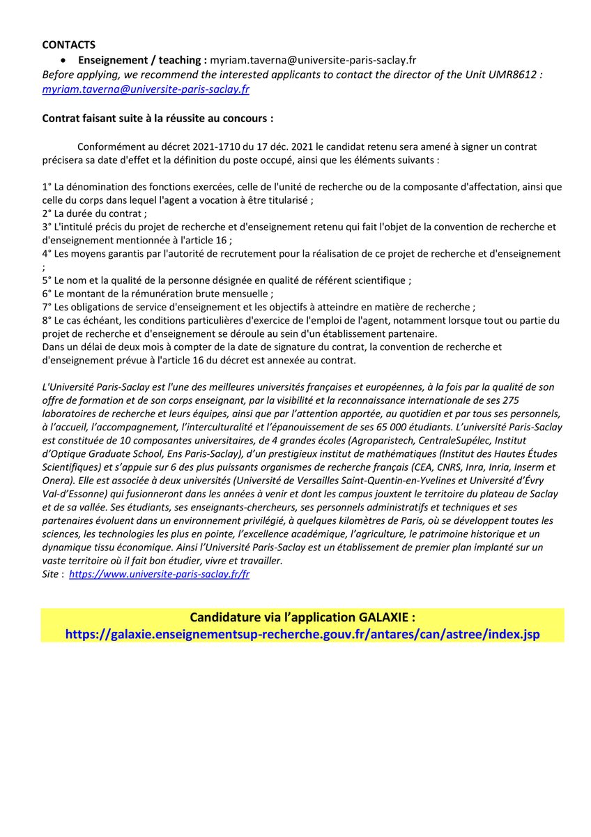 umr8612's tweet photo. 📢 @umr8612 recrute sur une chaire de professeur junior (#CPJ) en sections CNU 85 et 87 
💊 Thématiques: biothérapies, vésicules extracellulaires, cellules modifiées, acides nucléiques...
👩‍🔬Equipe: @MyriamTaverna 

👉 Pour candidater: https://t.co/KE0tJNtTwv (⚠️12/06/23) https://t.co/MiY6xS46Af