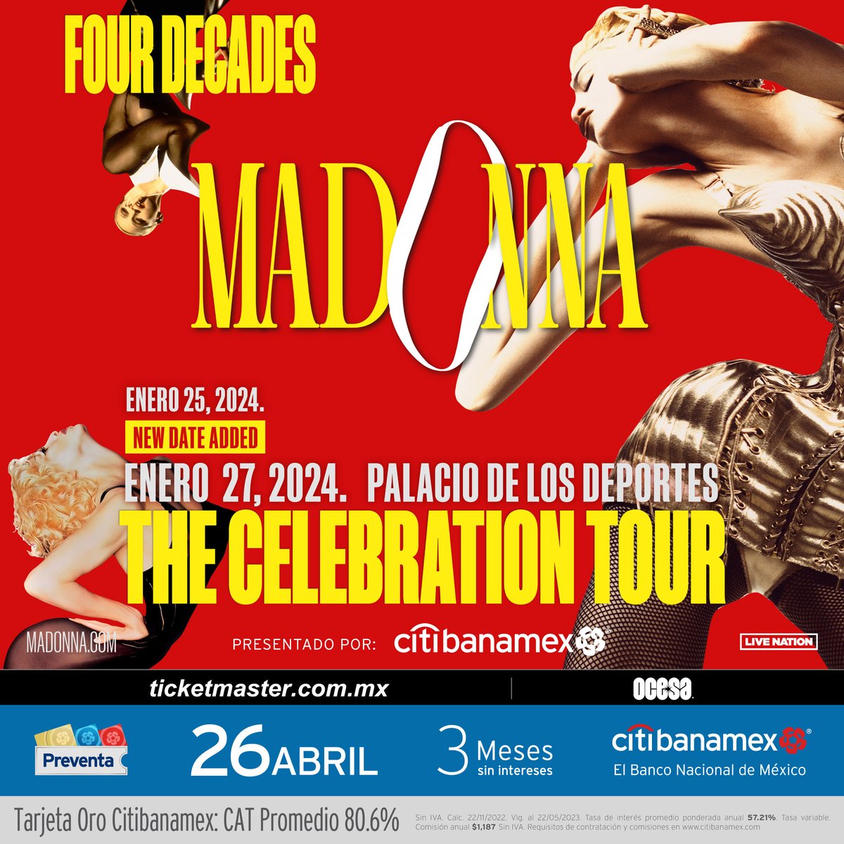 Presentado por @Citibanamex: 

 Porque México siempre quiere más de ella, ¡se abre segunda fecha para el #MadonnaTheCelebrationTour! ❤️💛

  #PreventaCitibanamex: 26 abril