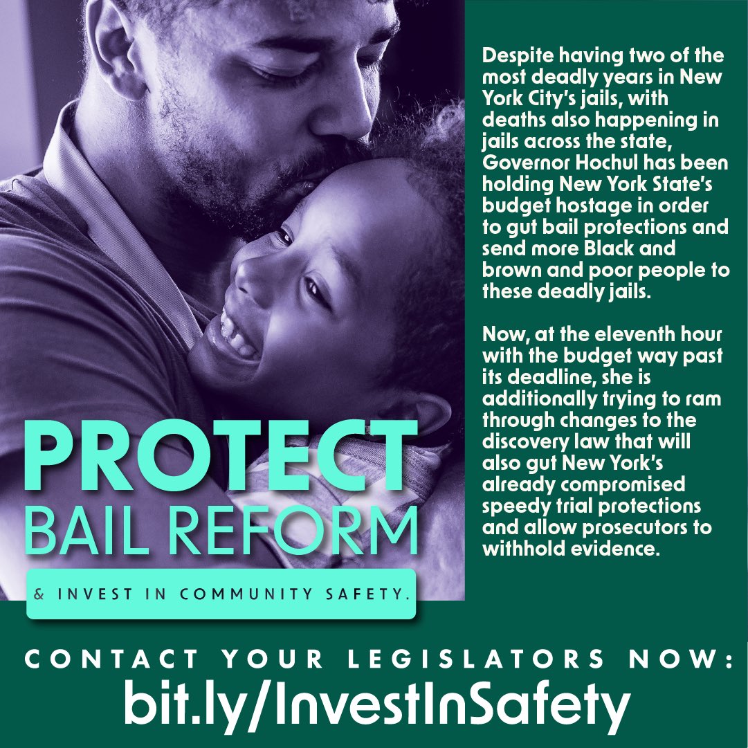 We just had 2 of the deadliest years at Rikers. People are languishing in jails across the state without a trial. It would be unconscionable to weaken bail &amp; discovery laws &amp; send more Black, brown, &amp; poor people to deadly jails. <a href="/GovKathyHochul/">Governor Kathy Hochul</a> <a href="/AndreaSCousins/">Sen. Stewart-Cousins</a> @CarlHeastie