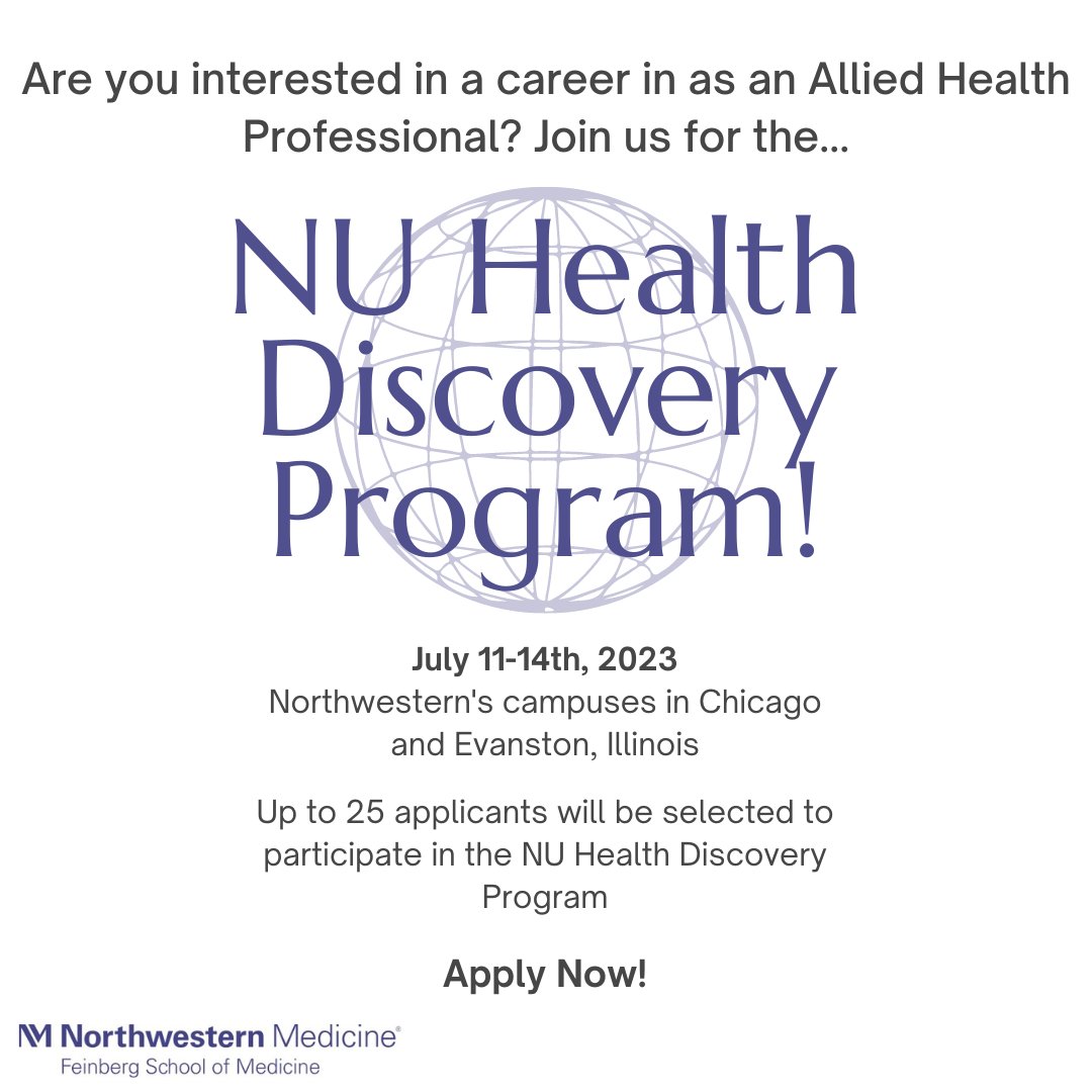 NUGCprogram's tweet image. The NU Health Discovery Program is designed to expose undergraduate students with an interest in Allied Health Professions to a variety of professionals and the NU experience. For more details and to apply: feinberg.northwestern.edu/sites/pthms/ou…