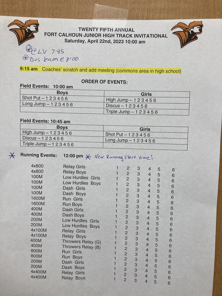 LVEraiderPE's tweet photo. Fort Calhoun JH meet! 
Be at LV 7:45
Bus leaves at 8:00
🚨New Running start time 12:00 https://t.co/74WIUk2HLy