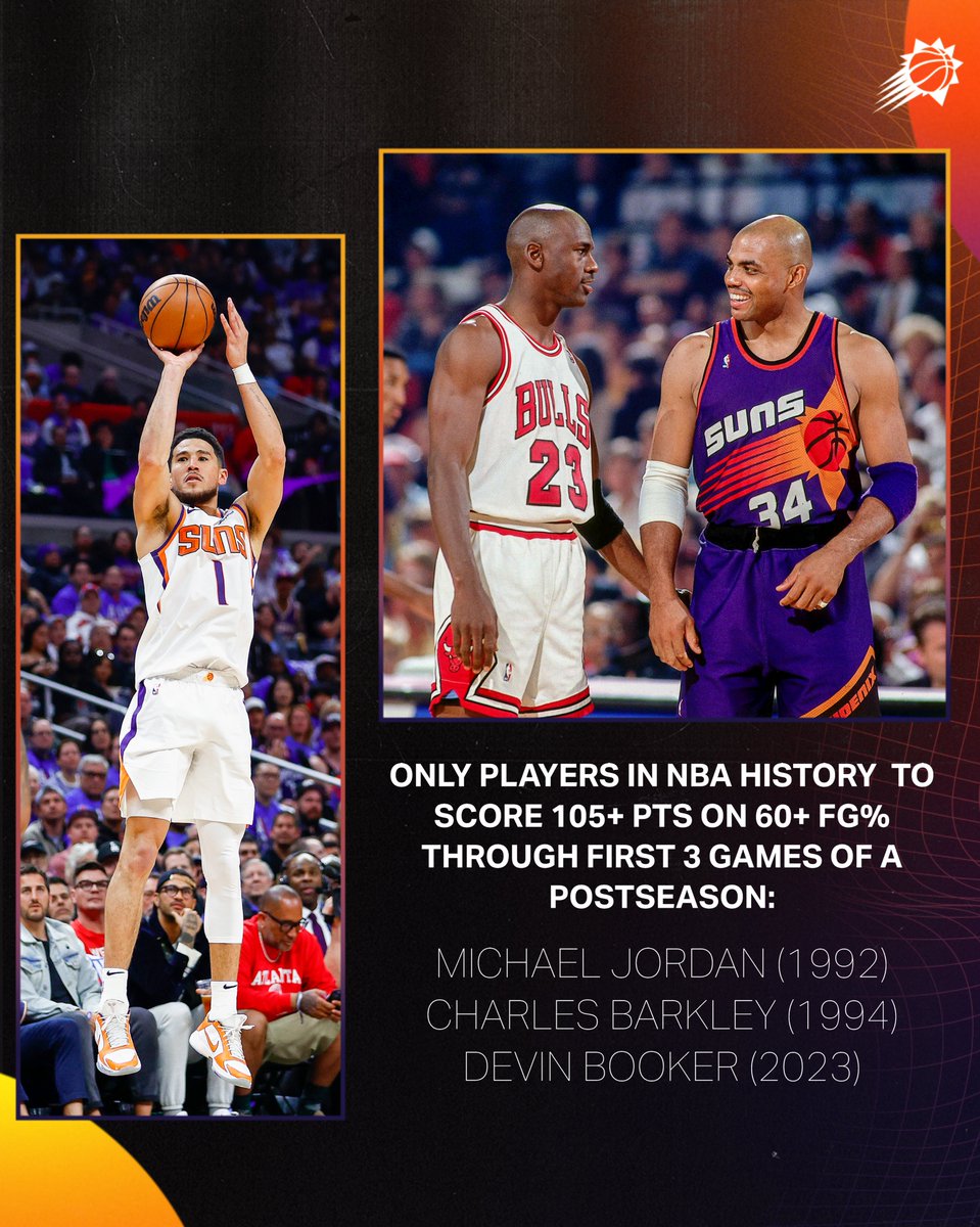 Suns's tweet photo. A HISTORIC START TO THE POSTSEASON.

Book joins two MVPs as the only players in @NBA history to score 105+ PTS on 60+ FG% through the first 3 games of a postseason, per @EliasSports!