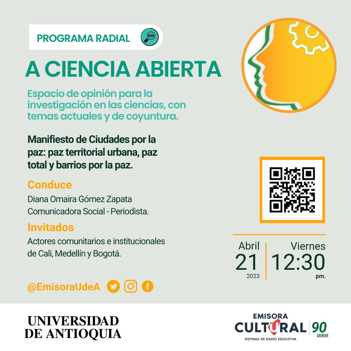 emisoraudea's tweet photo. 🏳️🎙️ En A Ciencia Abierta de la @FCSH_UdeA hablaremos sobre el Manifiesto de Ciudades por la paz: paz territorial urbana, paz total y barrios por la paz.
💻 Streaming: https://t.co/7qCjyBVEDM⁣⁣⁣⁣⁣⁣⁣
#EmisoraUdeA #UdeARegiones #90añosVozUdeA https://t.co/sPivi6fIhc