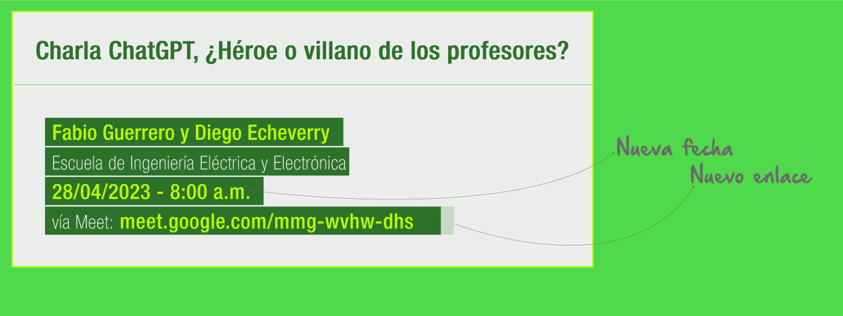 DintevUnivalle's tweet photo. ¡Nueva fecha! Charla “#ChatGPT, ¿Héroe o villano de los profesores?” 
Los esperamos el viernes 28 de abril a las 8:00 am Link: https://t.co/dne9KMeVtE

Ofrecemos disculpas y agradecemos a todos los profesores interesados en asistir a este evento. https://t.co/mU4Kx77Fk5