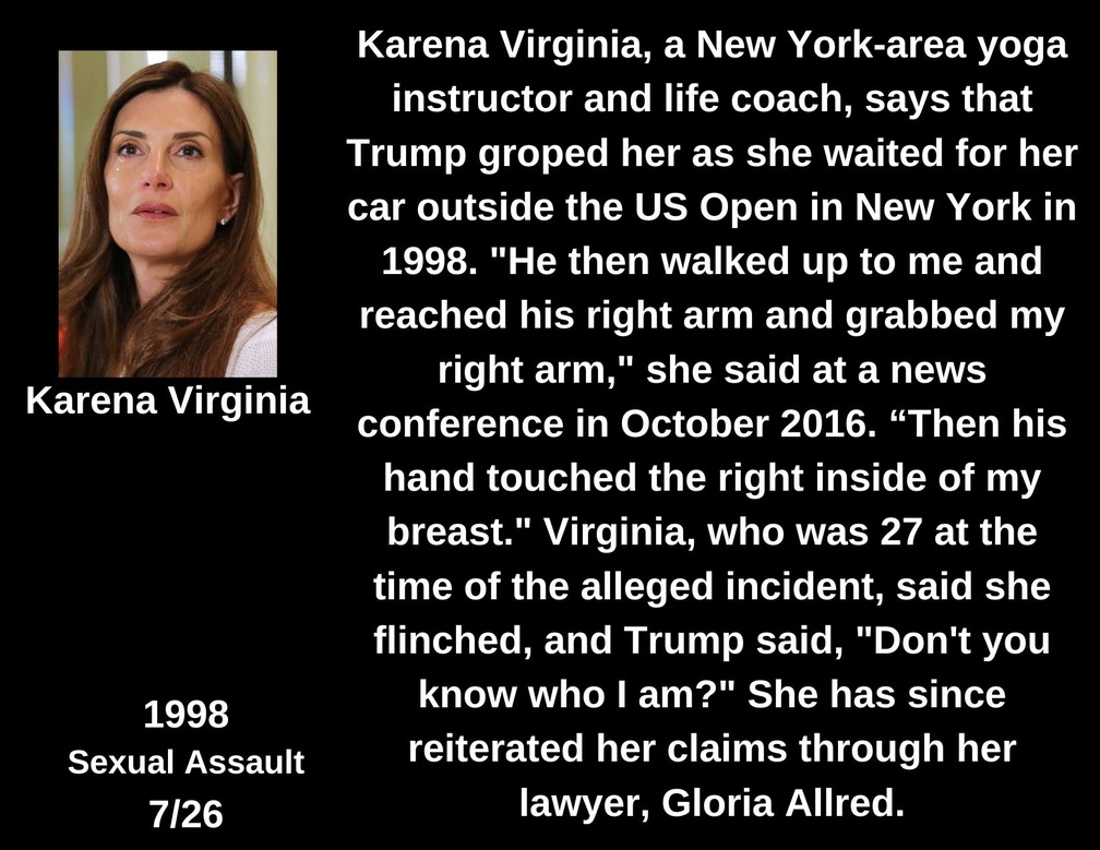 postcards4USA's tweet photo. Karena Virginia, then 27, said she overheard Trump talking with a group of men about her legs & then Trump approached her, grabbed her arm, & touched her breast & asked, "Don't you know who I am?"
Video statement: https://t.co/tSxP32XED0
#26Women #TrumpAccusers
7/26
THREAD https://t.co/cZK8z0An8n