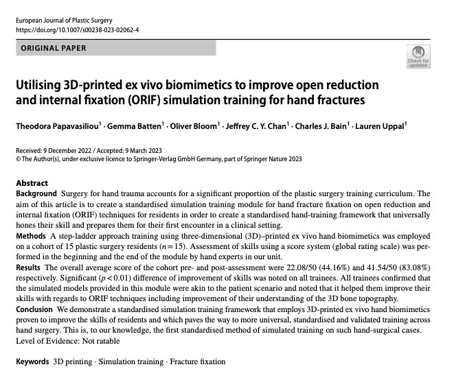Delighted to see our paper on the applications of 3D printing for Simulation Training in ORIF techniques for hand fractures published <a href="/EurJPlastSurg/">Eur J Plast Surg</a> . Many thanks to all the authors involved! 

Full article: link.springer.com/article/10.100…