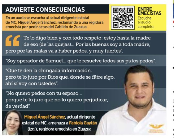 angelcharlsmty's tweet photo. El dirigente estatal de @MovCiudadanoNL @miguelsanchezrv fue exhibido en un audio amenazando a una regidora de su propio partido en el Municipio de #Zuazua, todo por pedirles actas de Cabildo que deben publicar en sitio web. Acá la grabación completa 👇

https://t.co/3C1FOfpNXJ https://t.co/2LezZej6Kr