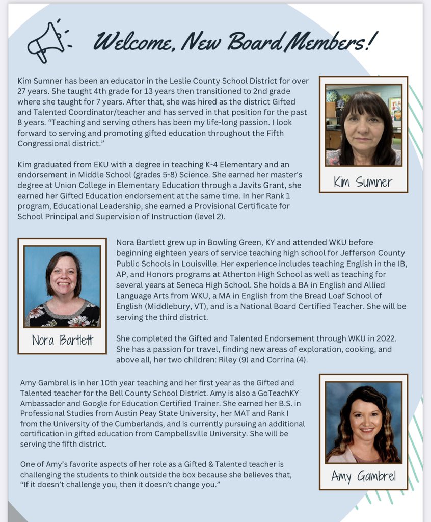 Proud to announce that I was selected as the 5th District representative for the Kentucky Association of Gifted Education Board. #lovemyjob #GoTeachKY