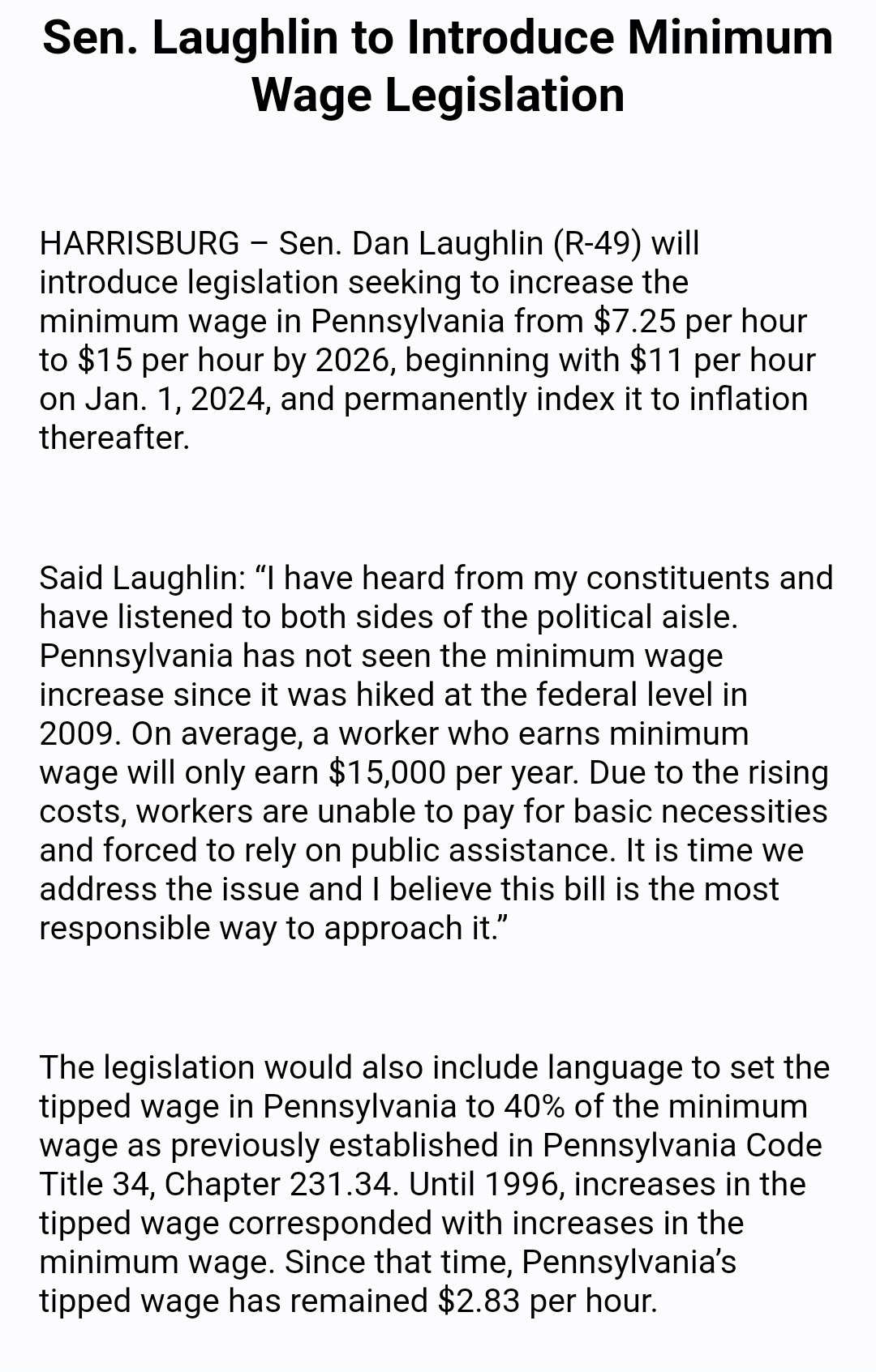 Stephen Caruso on X: "Inbox: State Sen. Dan Laughlin (R., Erie) is  introducing language to raise the state minimum wage to $15 by 2026; index  it to inflation; and set the tipped
