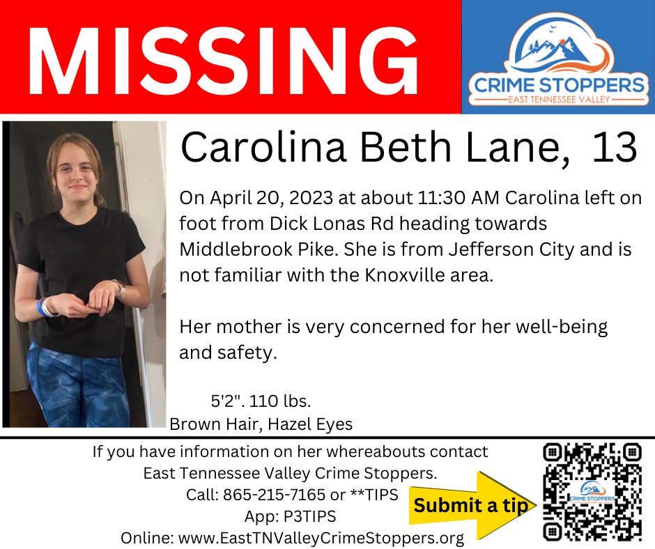 tn_crime's tweet image. Have you seen #MissingChild Carolina Beth Lane? She was last seen on Dick Lonas Road in Knoxville, but is unfamiliar with the area. 

Please RT and help us increase the number of people who are helping to locate her. 

#missingperson #missing #CrimeStoppers