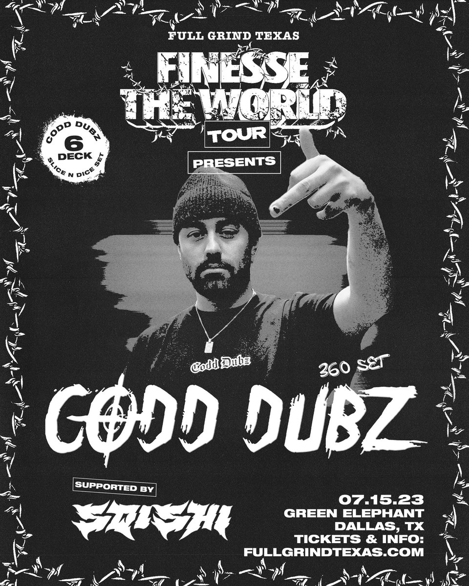 ANNOUNCING: @CODD_DUBZ 🔪🎲
‘SLICE &amp; DICE’ 360 TEXAS TOUR! 🔥

Support by @SQISHI_Official + more TBA! 😈

7/14 — HOUSTON @ PURPLE HIPPO
7/15 — DALLAS @ GREEN ELEPHANT 

BY THE CULTURE X FOR THE CULTURE 🫶🏽🫶🏿🫶🏻