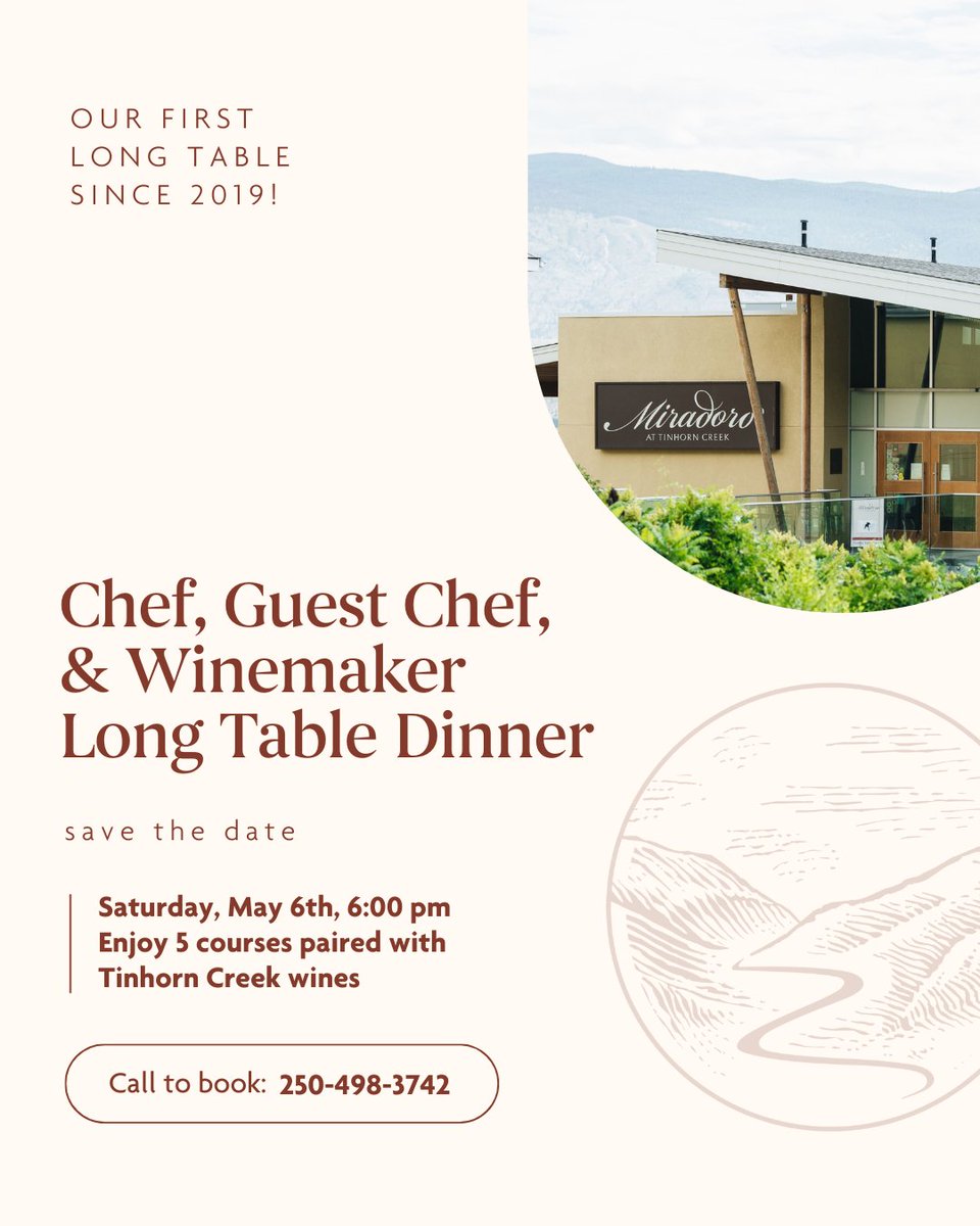 We are incredibly excited to announce that @MiradoroResto will be hosting a Long Table Dinner on May 6th, featuring an unforgettable five-course wine-paired menu created by Chef Jeff Van Geest & Guest Chef Chris Irving. Reserve your place for an evening to remember: 250-498-3742