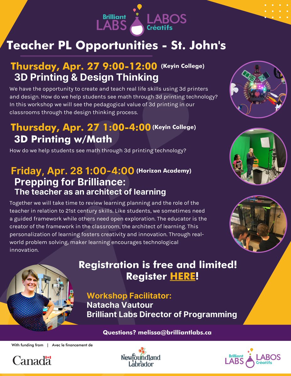Melissa Lee (@mmelee5) on Twitter photo 👋 Hello K-12 teachers in the St. John's, NL area!
We have some K-12 <a href="/brilliant_labs/">Brilliant Labs / Labos Créatifs</a> PL opportunities on Thursday and Friday w/ <a href="/NatachaVautour/">Natacha Vautour</a> visiting from NB!
Please see the image below or the PDF version: drive.google.com/file/d/1bhA7dF…
Register HERE: forms.gle/FgitQPQfjgwfFT… 👋 Hello K-12 teachers in the St. John's, NL area!
We have some K-12 <a href="/brilliant_labs/">Brilliant Labs / Labos Créatifs</a> PL opportunities on Thursday and Friday w/ <a href="/NatachaVautour/">Natacha Vautour</a> visiting from NB!
Please see the image below or the PDF version: drive.google.com/file/d/1bhA7dF…
Register HERE: forms.gle/FgitQPQfjgwfFT…