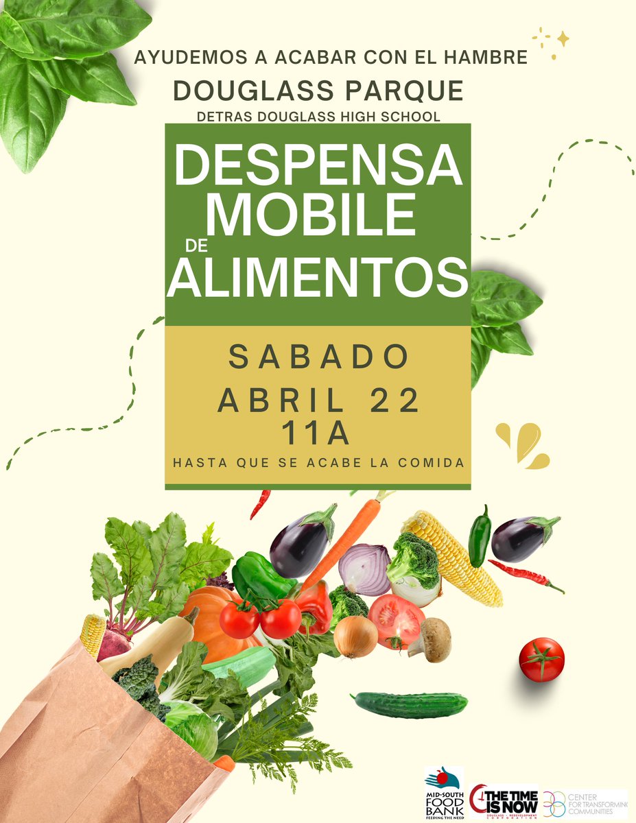 This month's Mobile Food Pantry is on April 22nd, 11a until the food is gone... AND IT GOES FAST! Come early!

The Douglass Park Mobile Food Pantry is open to ALL COMMUNITIES!

If you would like to volunteer, please reach out to Kathy Temple at thetimeisnowdouglass@gmail.com.