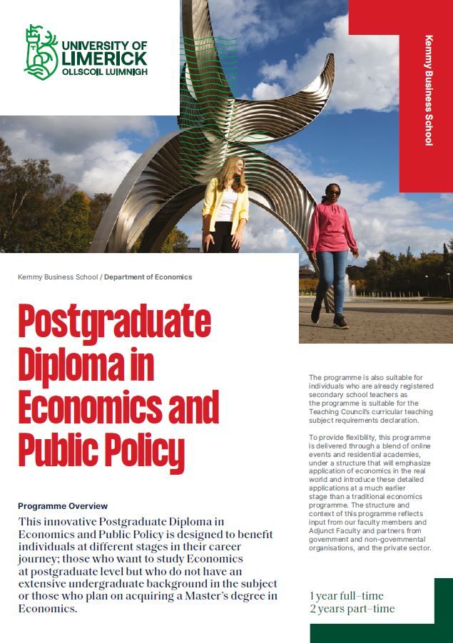 Our New Postgraduate Diploma in Economics & Public Policy is designed for students without a background in #economics. It's a flexible prog. & modules are online. Students can study FT for 1 yr or PT for 2 yrs Teaching starts in Sept 2023! ul.ie/gps/courses/ec… #PostGradAtUL