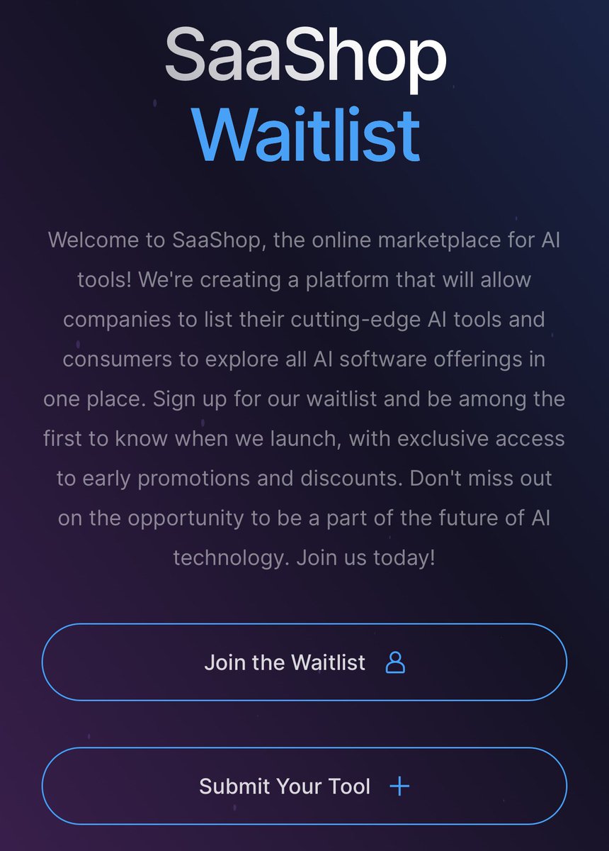 SaaShopLLC's tweet photo. Exciting news!
SaaShop is almost here, and we're gearing up to bring you the best AI tools on the market.
Sign up for our waitlist in our bio and be the first to know when we launch!
#SaaShop #AI #SaaS #chatgpt https://t.co/LP2QQwUB71