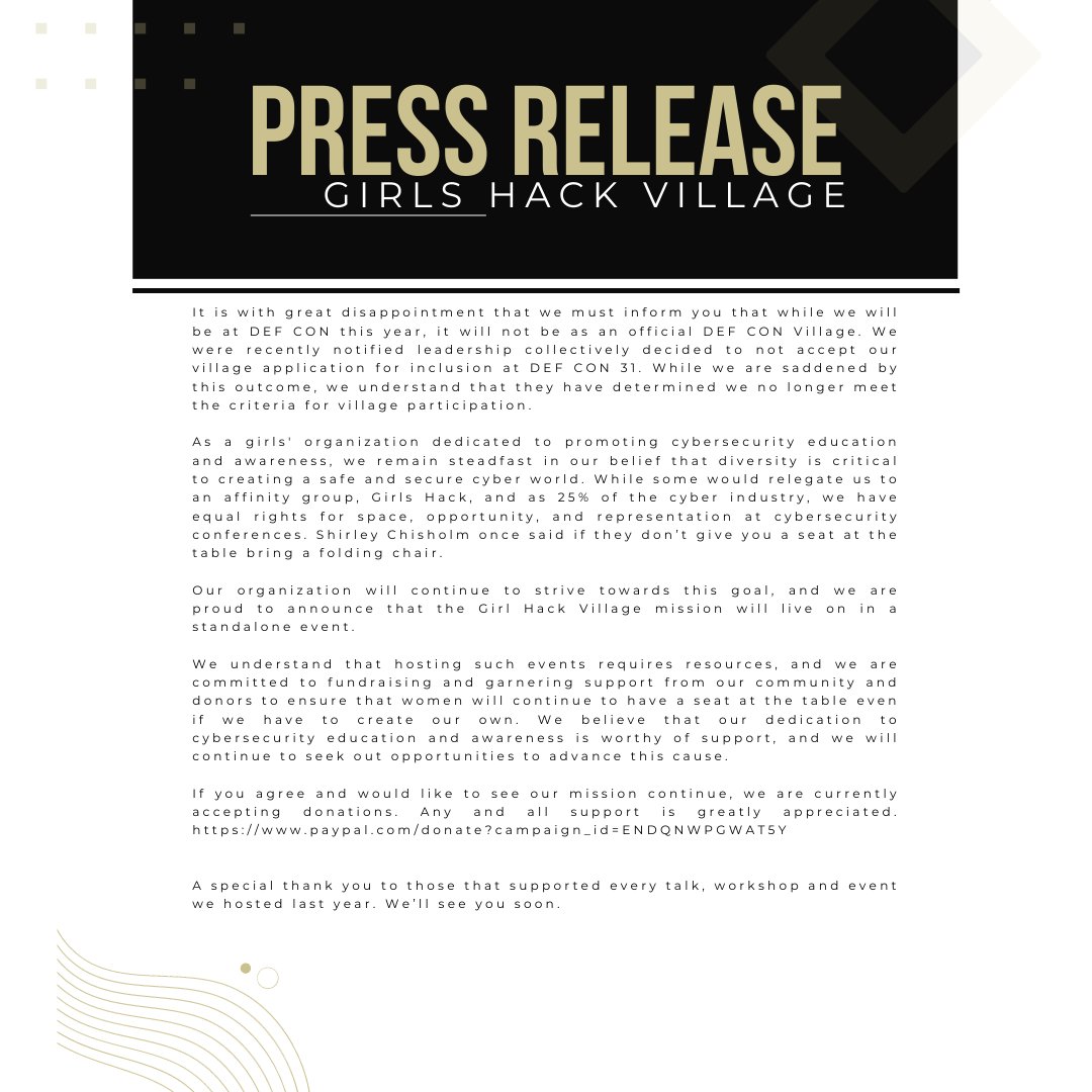 Wanted to provide an update on GHV at @defcon 

 paypal.com/donate?campaig…

TLDR: We were left with no seat at the table.  GHV mission continues.

#foldingchairs #ghv #defcon #defcon31 #girls #pressrelease #breakingnews
@misstennisha @blackgirlshack