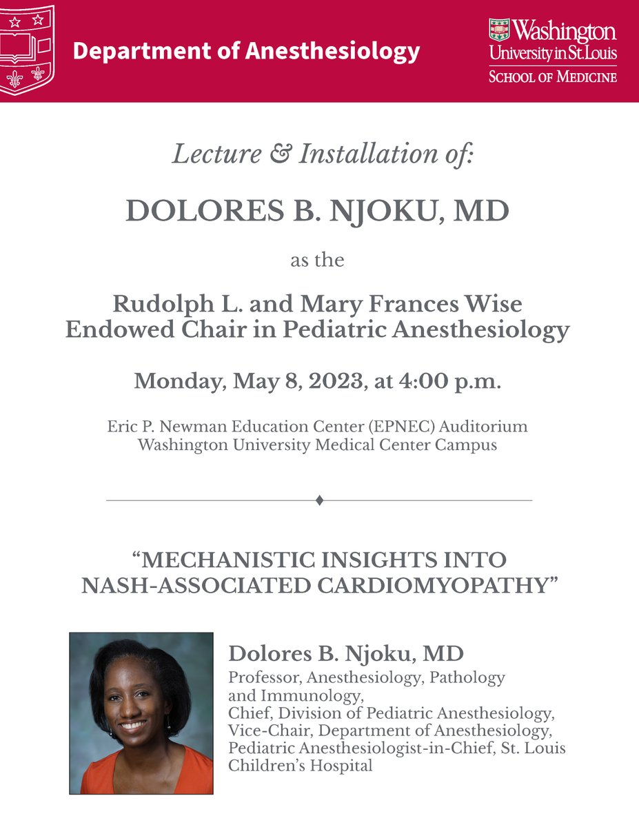 Join us on May 8th at 4:00 p.m. for the lecture & installation of Dr. Dolores Njoku as the Rudolph L. and Mary Frances Wise Endowed Chair in Pediatric Anesthesiology. We hope you'll join us for this monumental event!