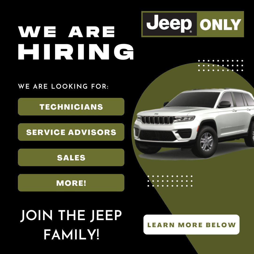 Do you love Jeeps? We want to hear from you! Visit the link below to check out our current job openings.

bit.ly/41o4cwB

#jeep #jeepservice #jeepsales #hiring #jeeponly