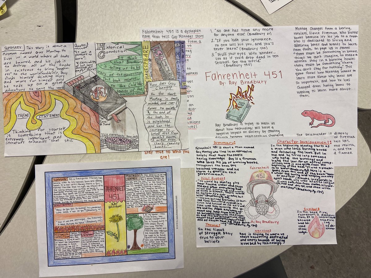MrsMShep's tweet photo. These Fahrenheit 451 one pagers speak for themselves! 🔥🔥  @MarysvilleECHS @coachcconley https://t.co/PvOVDdDqOl