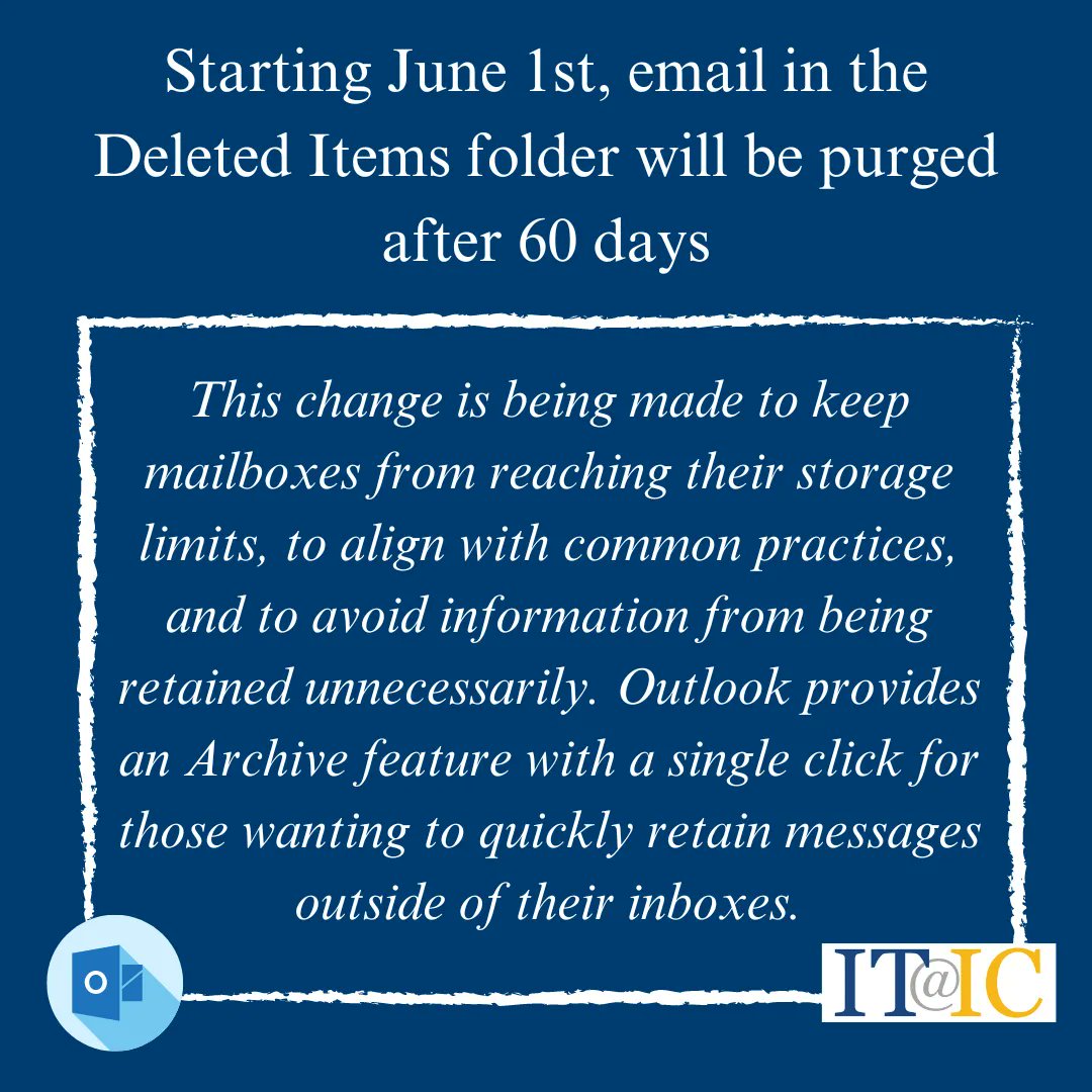 IthacaIT's tweet image. Starting on June 1st, Ithaca College&apos;s Office 365 email system will begin purging messages from the Deleted Items folder once they have been in that folder for 60 days. 

If you need an extension, have any questions, or would like assistance, the IT Service Desk is here to help.