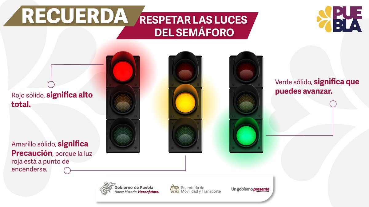 MTGobPue's tweet image. #Recuerda || Cada color del #Semáforo tiene un significado, el hecho de no respetarlos pone el riesgo a peatones y conductores. #ManejaSeguro #PorPuebla
