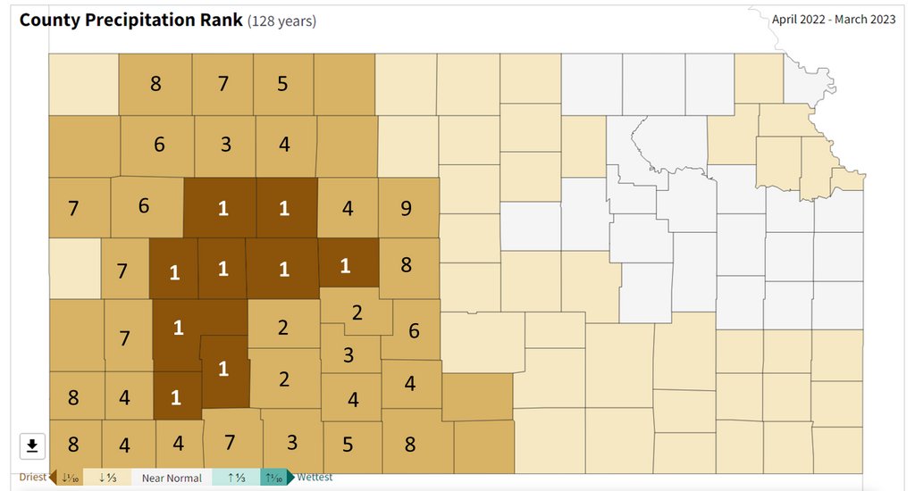 KansasWheat's tweet photo. This is the driest April-March on record in nine counties in western Kansas. All counties with numbers ranked in the top 10 driest. The map and data come from @NOAANCEI via Kansas Office of the State Climatologist. #drought23 #wheat23 https://t.co/vFvGVgEqM6