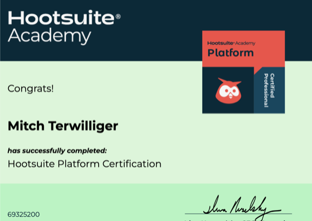 mitchterwi's tweet photo. Decided to upload my Hootsuite exam progress! Hope everyone else is doing well! #CMN3980 #PantherPR https://t.co/zv1BHsR0WE