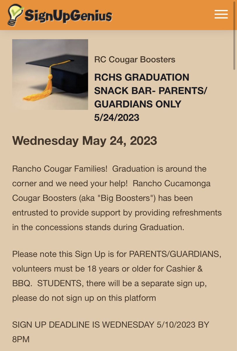 The school year is almost over folks. With graduation just around the corner, WE NEED YOU! Sign ups to volunteer in the concession stands is now open! Click the link below. 🧑‍🎓👩‍🎓

m.signupgenius.com/#!/showSignUp/…