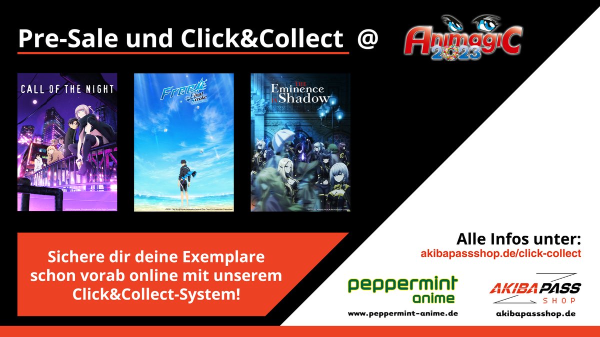 AKIBAPASS's tweet photo. Bestellt euch jetzt unsere Sommer-Highlights vor und holt sie euch auf der #AnimagiC ab! #CallOfTheNight #TheEminenceInShadow #FreeTheFinalStroke2 #ClickCollect #anime #otaku #manga #AKIBAPASSSHOP => https://t.co/eOSNi6R4WH https://t.co/O496lOV4ZX