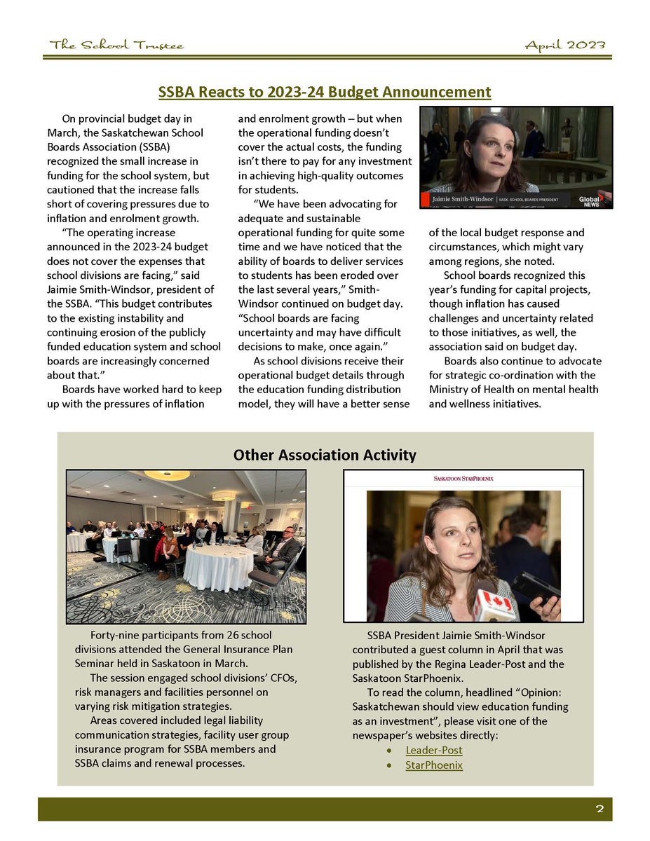 SaskSchoolBoard's tweet photo. The April edition of the The School Trustee newsletter is now available. Please follow this link to access the newsletter: https://t.co/7WOOU0FJDg #sasked https://t.co/nL0hJSh7lG