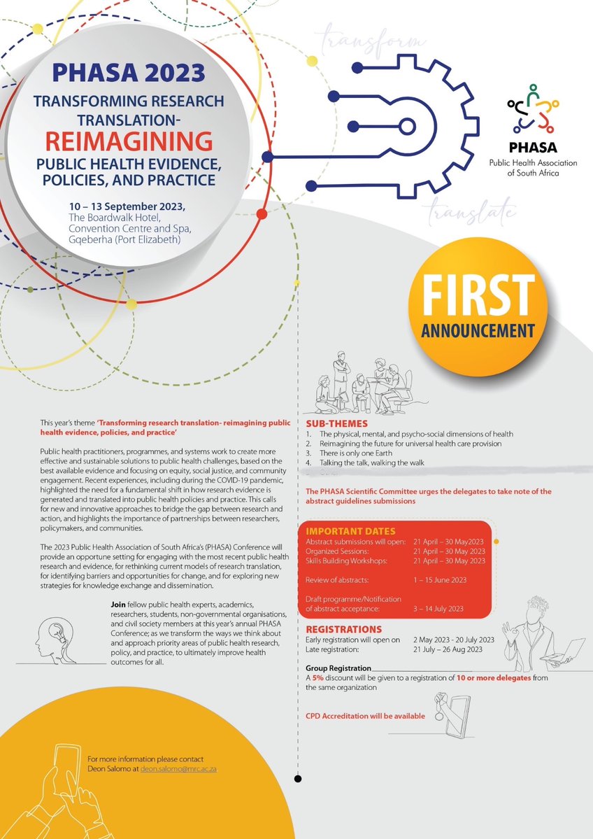 Submit your abstract for the #PHASA2023 conference, to share your work with fellow public health experts, academics, researchers, students, non-governmental organisations, civil society organizations, and other public health advocates! More information at: phasa.samrc.ac.za