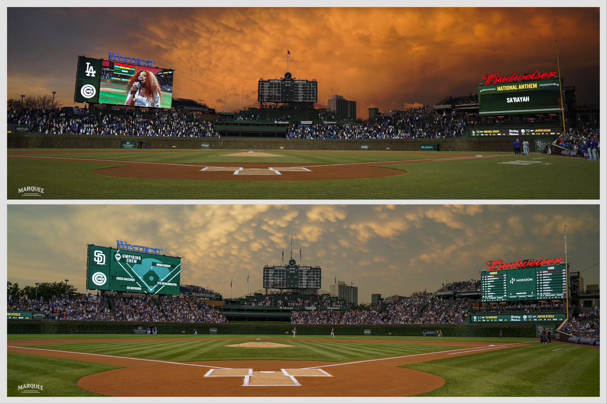 Which #BaseballSky was better? The top photo was last night and the photo on bottom was after a similar storm in June of last year. #Cubs