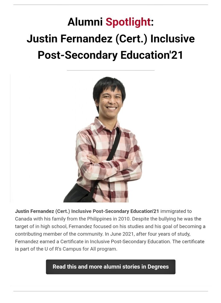 ms_l_barnes's tweet photo. @RCSD_No81 alumni spotlight!! Loved seeing this smiling face in the @UofRegina Degrees Alumni Newsletter. This student is a phenomenal artist with so many gifts. Graduated from @leboldushs and was part of the FIP program. 👏 👏  #thinkinclusive #InclusionMatters https://t.co/zmuFtVNx6U