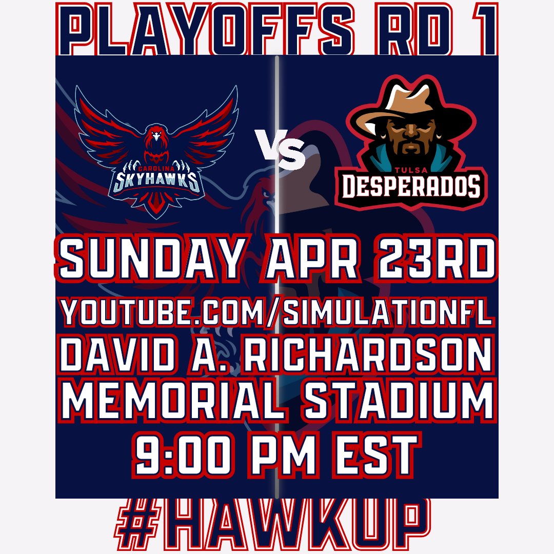 This Sunday night will be the first time in history the #SFLPlayoffs are in #Raleigh! We will be hosting the @TulsaDesperados in the wild card round of the playoffs. We've let everyone in the SFL know that #NoOneOutPizzasTheHawks. That's not changing now. #HawkUp #WeWantTheSmoke