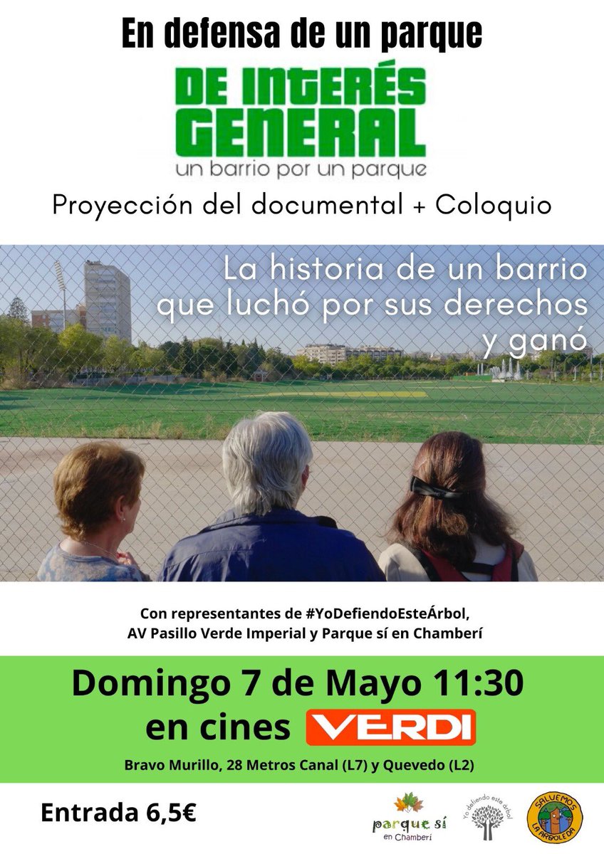 verdechamberi's tweet photo. Cuando falta poco para la inauguración del nuevo parque del #CYII sobre el antiguo #GolfIlegal vuelven al barrio las proyecciones del documental #DeInterésGeneral gracias a @CinesVerdiMad para que quienes nos robaron el parque no puedan robar también nuestra historia. https://t.co/tUEKoVumOQ