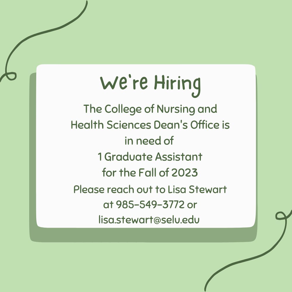 Southeastern CNHS (@slu_cnhs) on Twitter photo Our office is hiring 1 graduate assistant for the Fall of 2023! Please contact Lisa Stewart at 985-549-3772 or at Lisa.stewart@selu.edu for more information! Our office is hiring 1 graduate assistant for the Fall of 2023! Please contact Lisa Stewart at 985-549-3772 or at Lisa.stewart@selu.edu for more information!