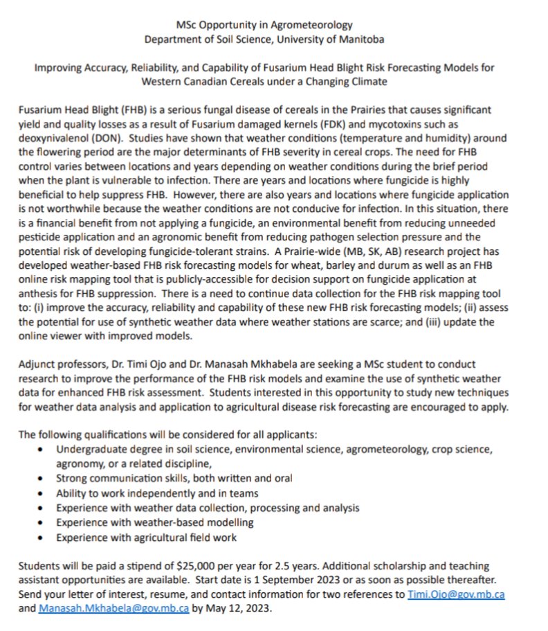 We are seeking a motivated MSc student to conduct research on improving the performance of weather-based Fusarium Head Blight models. See details below 👇