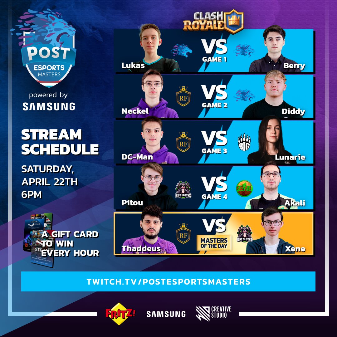popgamingfest's tweet photo. Back to #clashroyale live streams!!!
👑 See you tomorrow at 6pm on #Twitch 🖥

⚡️ @CrtmLukas vs @berryjamoin
⚡️ #Neckel vs @Op_Diddy
⚡️ @DC_MAN689 vs @Lunarie_ttv
⚡️ @Pitou_CR_ vs @Akali_Cr
🆚 MOTD - #Thaddeus vs @Xene_CR

🎁 x3 Steam Cards to win!
🔔 https://t.co/mLpJM6oFIo https://t.co/89x80OA7VO