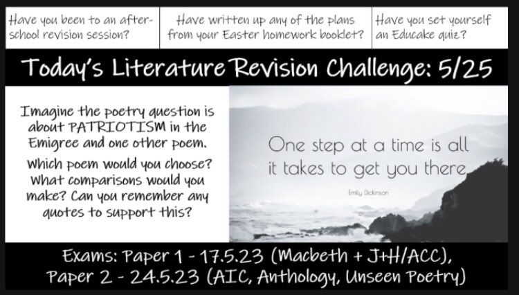 MrsHoneysett's tweet photo. First week of the Literature Revision Challenge is complete.All 25 are available on G4S to help you with your revision, Year 11. Keep up the good work! @kingdownschool @EnglishKingdown https://t.co/VCeDJTTRq6