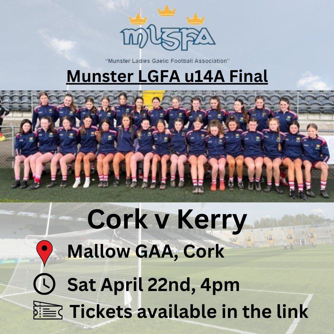 CorkLGFA's tweet photo. 🏐Munster U14A Final🏐

Our u14s are hoping to take home the @MunsterLGFA championship as they take on @kerryladiesfoot tomorrow in Mallow

🔴⚪️Cork v Kerry 🟢🟡
📍Mallow, Cork
🗓Sat 22nd April
🕓 4.00pm

🎟 Tickets available in the link

https://t.co/tICBCbLIIZ

#CorkLGFA #lgfa https://t.co/n4hUhPQtwK
