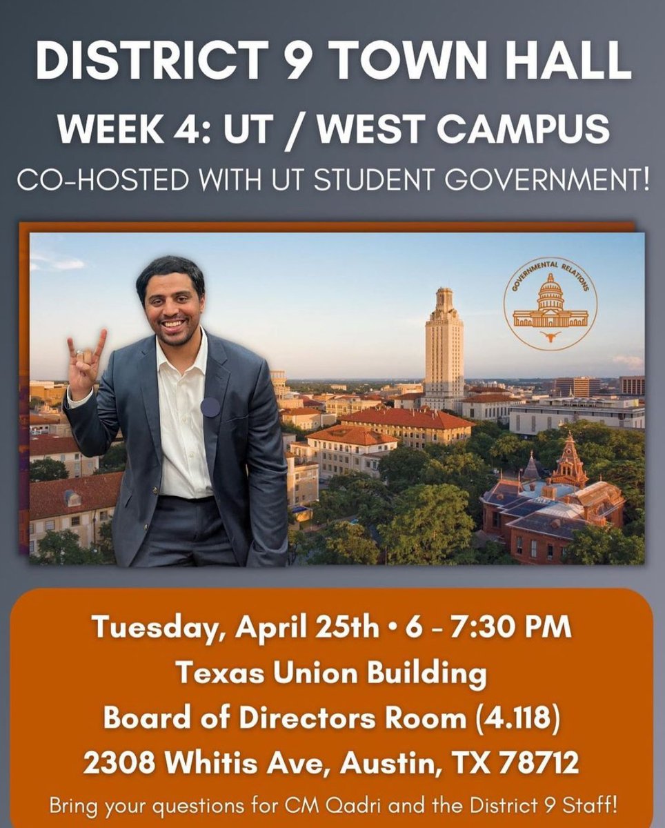 Make a plan to stop by the Texas Union to meet our district representative, Zo Qadri, and vote early in the May local election at the Flawn Academic Center next week!