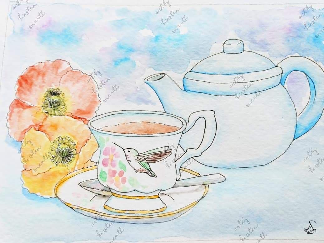 ksneathart's tweet photo. Happy #NationalTeaDay! I painted this for a teacher a few years ago....one of my faves, especially as I love tea so much! May have to have a few extra mugs of tea today!😍😍☕☕☕☕ #lovetea #nicecuppa #giantmug #teapot #stilllife #watercolourpaintings https://t.co/8hxK7PL9cD