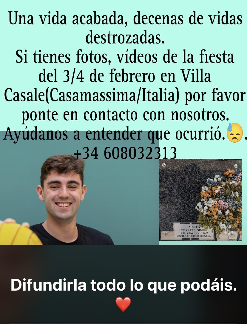 duskas71's tweet photo. Querida familia de Twitter,Necesito de vuestra ayuda, la familia del aragonés Mateo Correas busca pruebas para esclarecer su muerte
El joven falleció el pasado mes de febrero en un accidente en Italia y su entorno no tiene información de qué sucedió #SeyFer https://t.co/fgwttA0bkQ